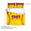Softball duvet cover showing printable artwork, lightweight fabric labeling, and bold yellow sports graphics