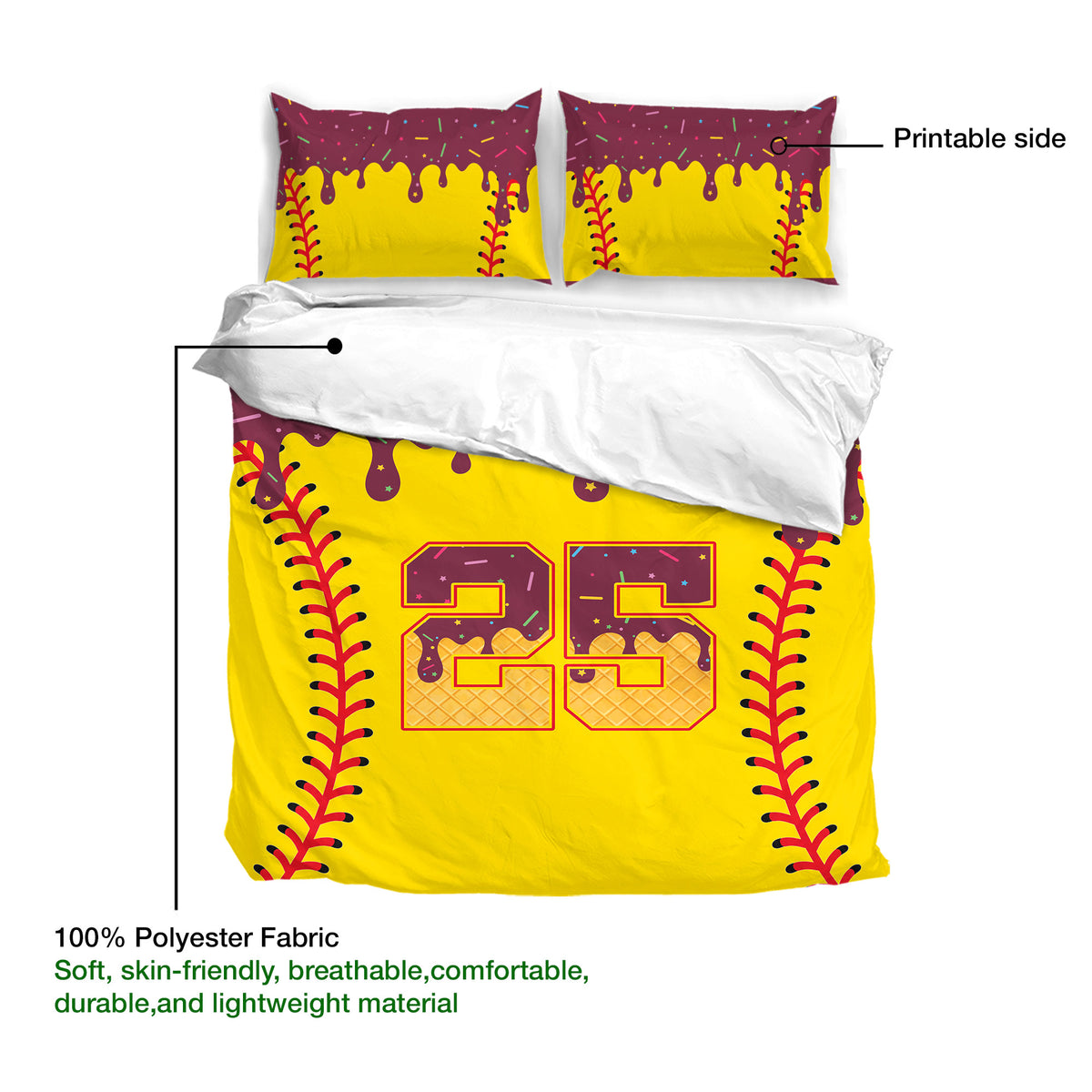 Softball duvet cover showing printable artwork, lightweight fabric labeling, and bold yellow sports graphics