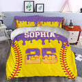 Softball bedding set styled in a bedroom with vivid yellow fabric, red stitching, and purple accents