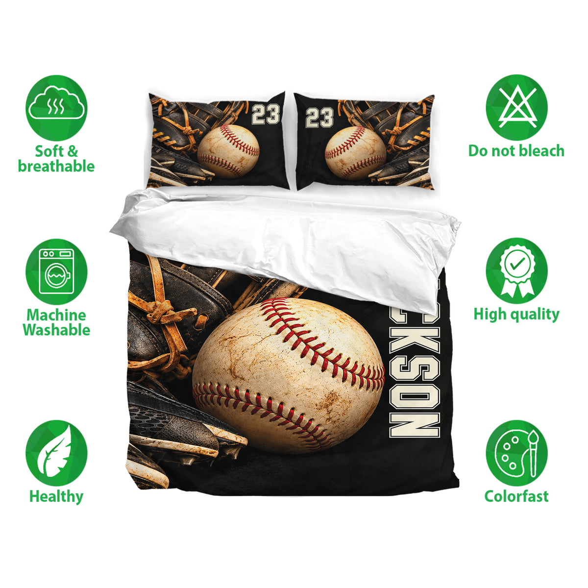 Baseball bedding set shown with matching pillowcases, breathable fabric icons, and a bold black sports design