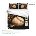 Baseball duvet cover set product view featuring a large baseball, leather gloves, and printable front design