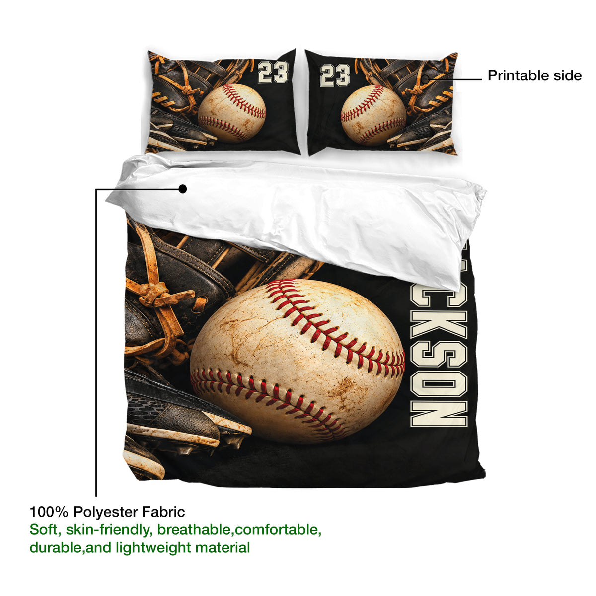 Baseball duvet cover set product view featuring a large baseball, leather gloves, and printable front design