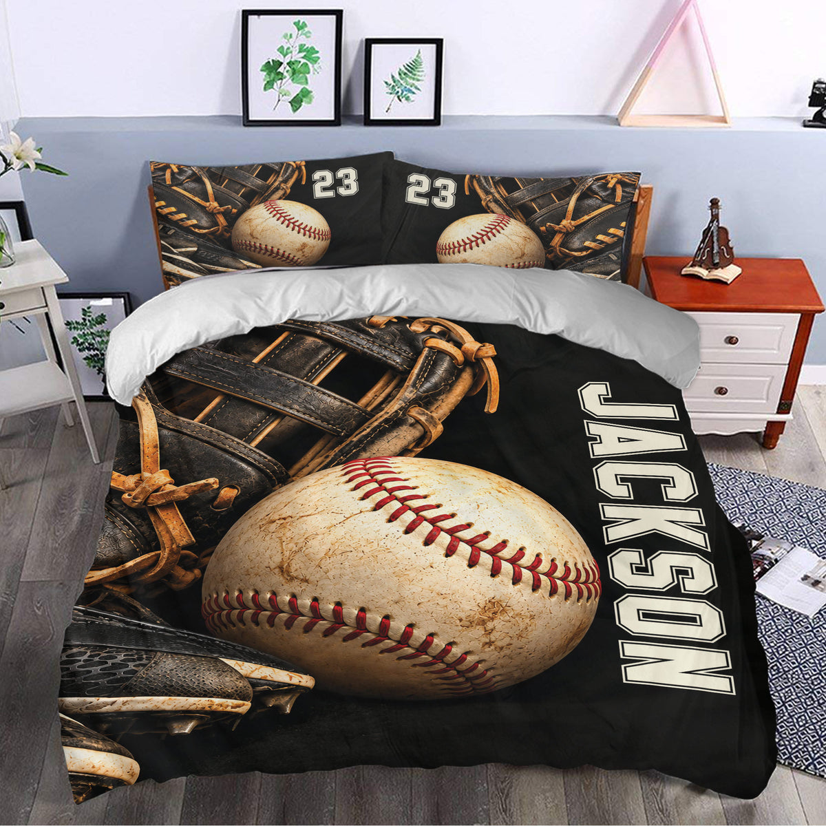 Baseball duvet cover styled in a modern bedroom with vintage baseball artwork, gloves, and bold varsity lettering