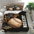 Baseball bedding set presented in a bright bedroom with matching pillowcases and dramatic black, tan, and red artwork