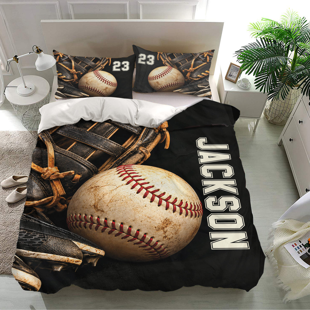 Baseball bedding set presented in a bright bedroom with matching pillowcases and dramatic black, tan, and red artwork