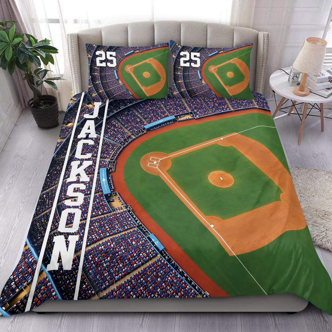 Baseball duvet cover set displayed on a bed with a stadium view, green field, and bold sports design