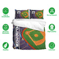 Baseball bedding set shown with matching pillowcases, stadium artwork, and soft breathable fabric icons