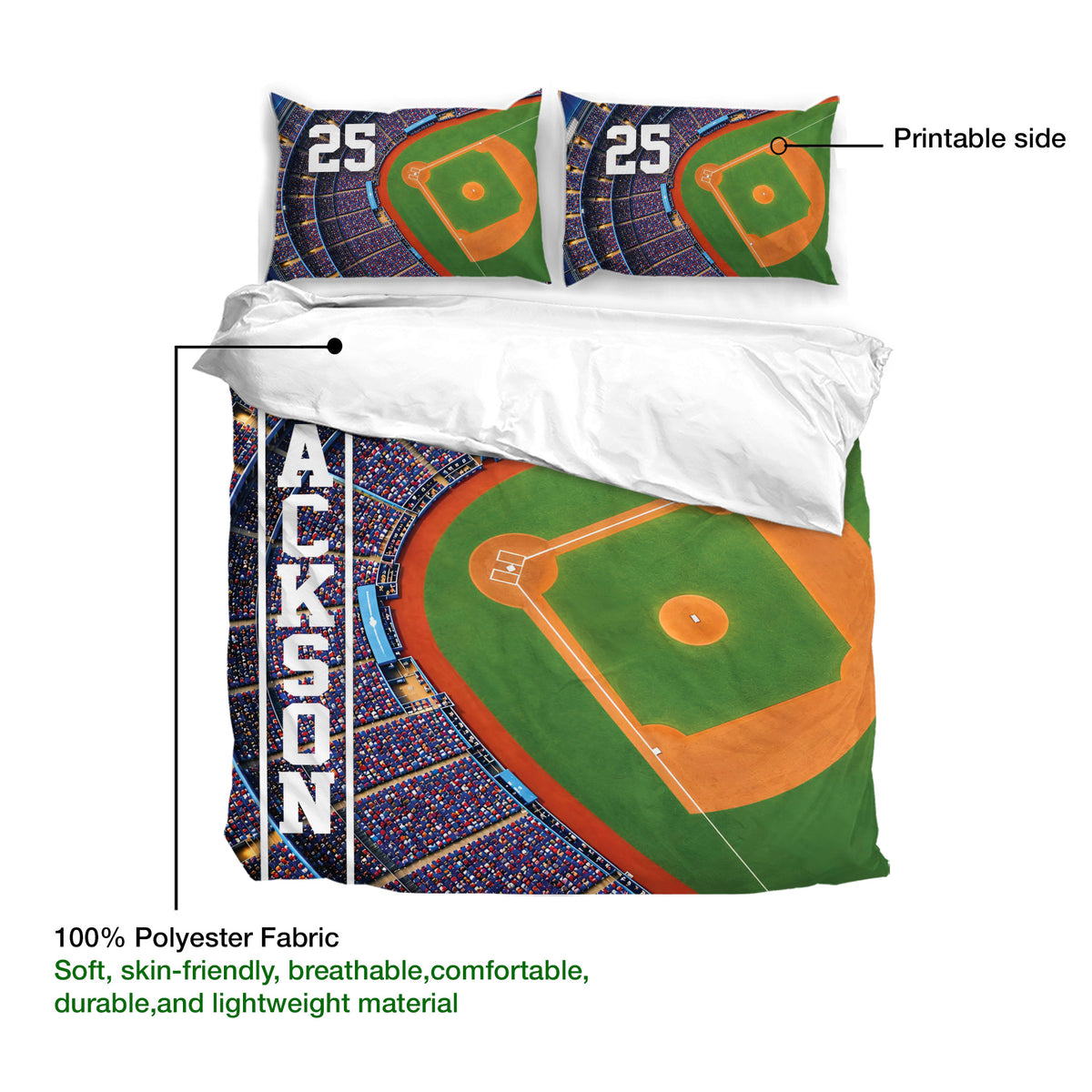 Baseball duvet cover set detail showing the printable stadium design and lightweight polyester fabric