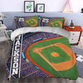 Baseball duvet cover bedding styled in a bedroom with a stadium field design and vivid green and orange tones