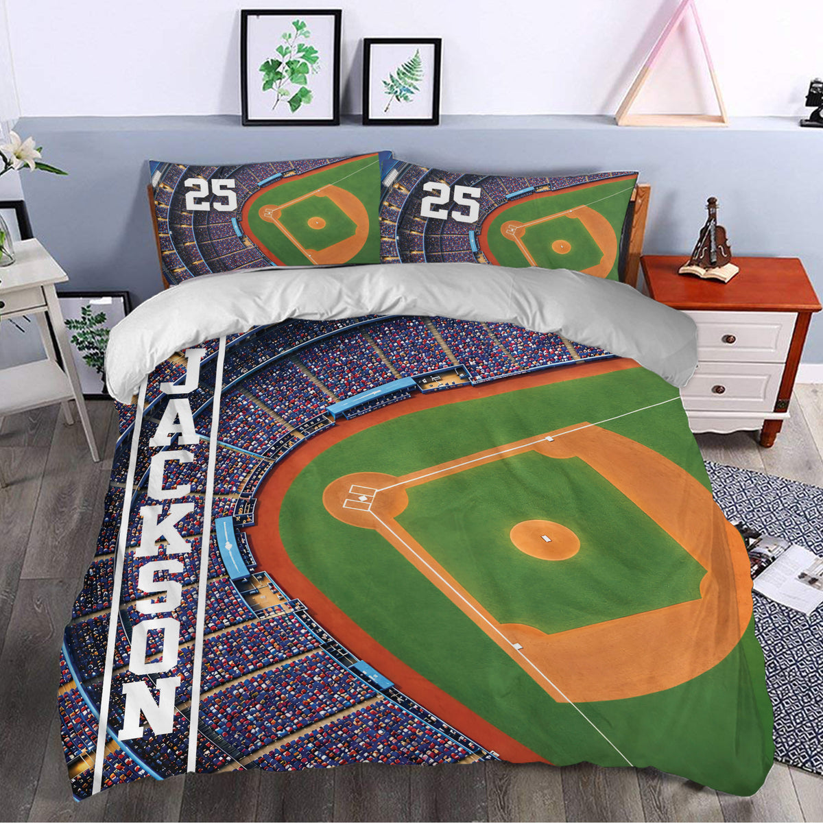 Baseball duvet cover bedding styled in a bedroom with a stadium field design and vivid green and orange tones