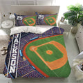 Baseball bedding set displayed in a bright bedroom with matching stadium-themed pillowcases and field artwork