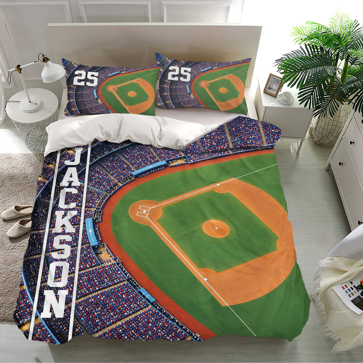 Baseball bedding set displayed in a bright bedroom with matching stadium-themed pillowcases and field artwork