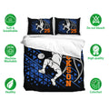 Basketball bedding set with dunking player artwork, black and blue geometric graphics, and orange accents