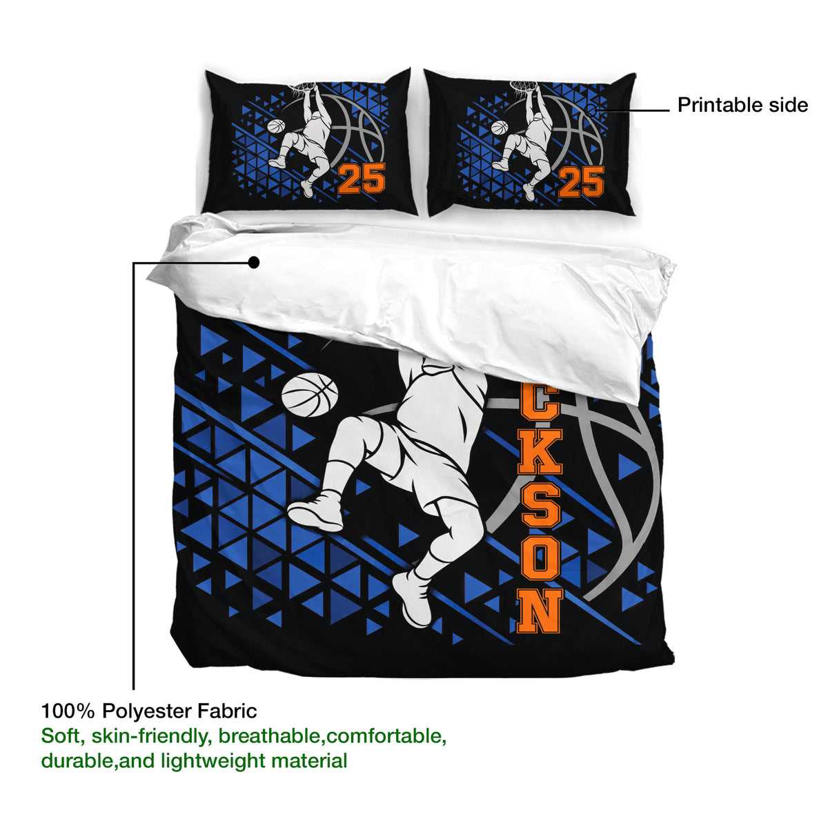 Basketball duvet cover set shown with a printable outer design and a black, blue, orange, and gray sports theme