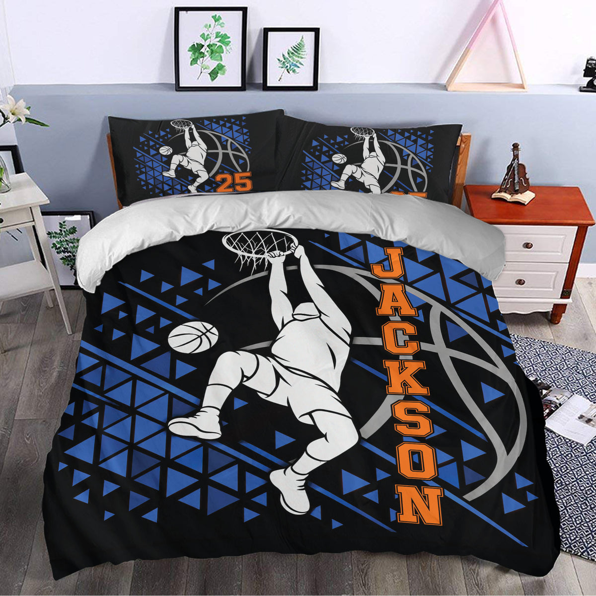 Basketball bedroom decor featuring a bold dunking player duvet cover with geometric graphics and vivid orange lettering