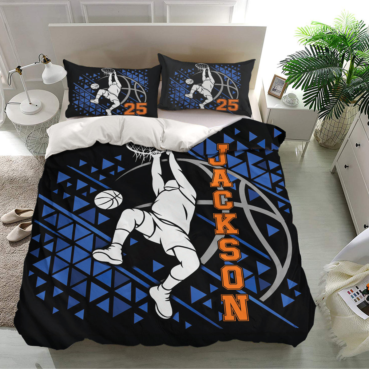 Basketball bedding displayed in a bright bedroom with a dunking player, hoop, basketball, and geometric court-inspired design