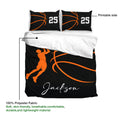 Basketball duvet cover set display showing printed artwork, player silhouette, and soft polyester fabric