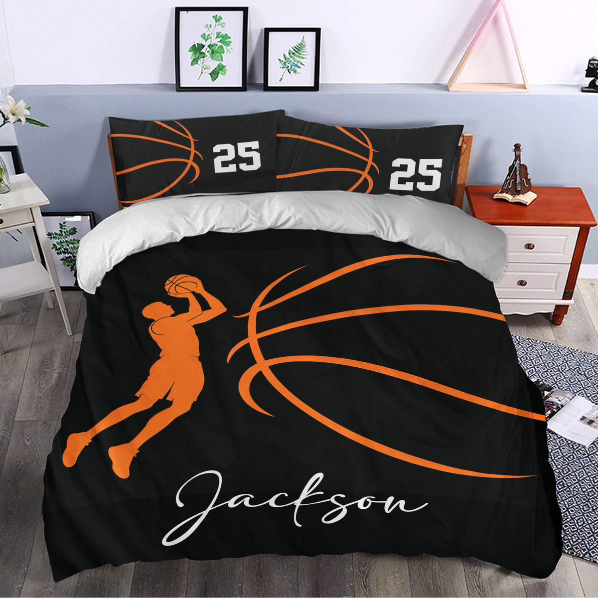 Black basketball duvet cover set with orange court lines and shooting player artwork in a bedroom