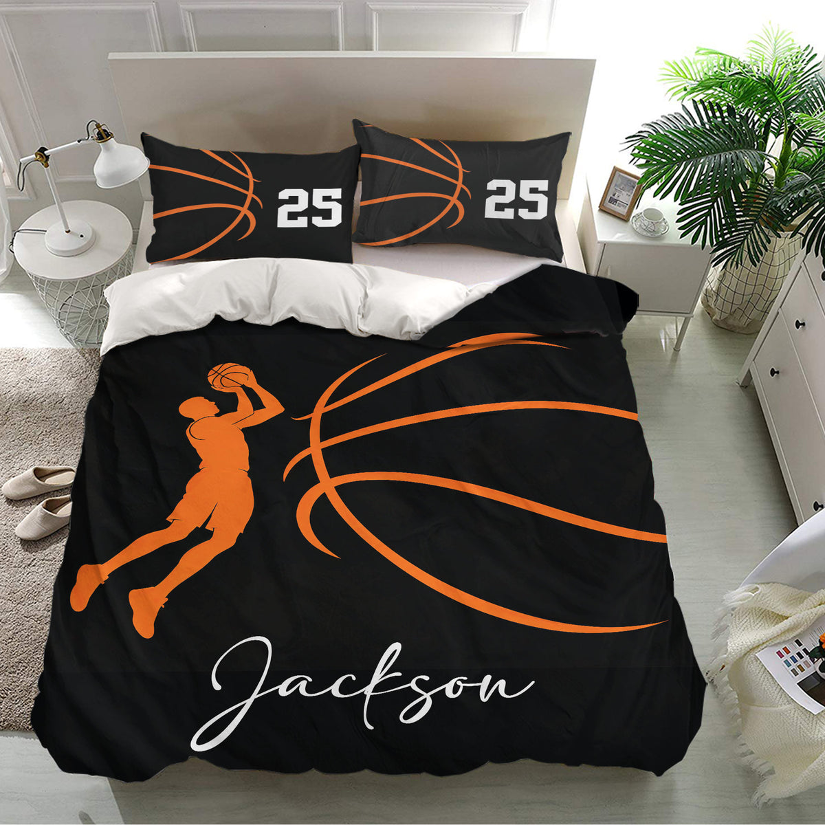Basketball bedding set styled in a modern bedroom with black and orange duvet cover and matching pillowcases