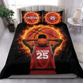 Basketball duvet cover set with fiery orange ball artwork and a basketball player in a bedroom