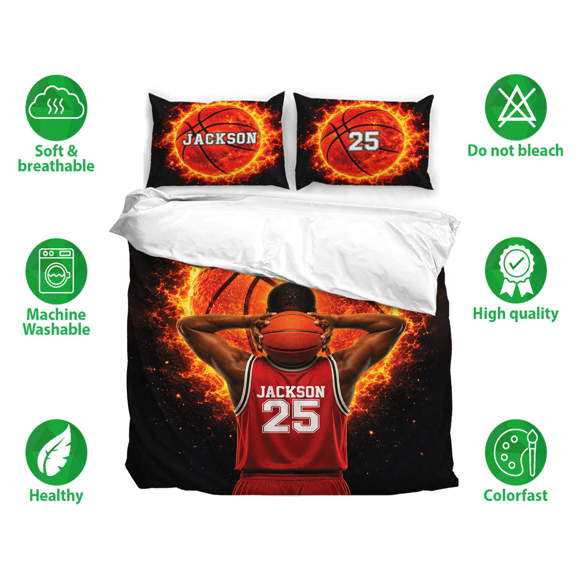 Basketball duvet cover bedding set displayed with matching pillowcases and bold black, orange, and red artwork