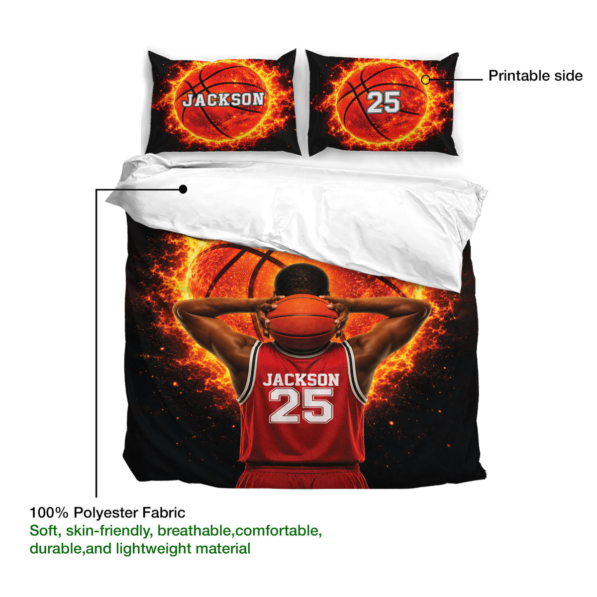 Basketball bedding set detail showing the printed duvet cover design and matching basketball pillowcases