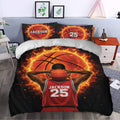 Basketball duvet cover set styled in a bedroom with fiery basketball artwork and vivid red accents