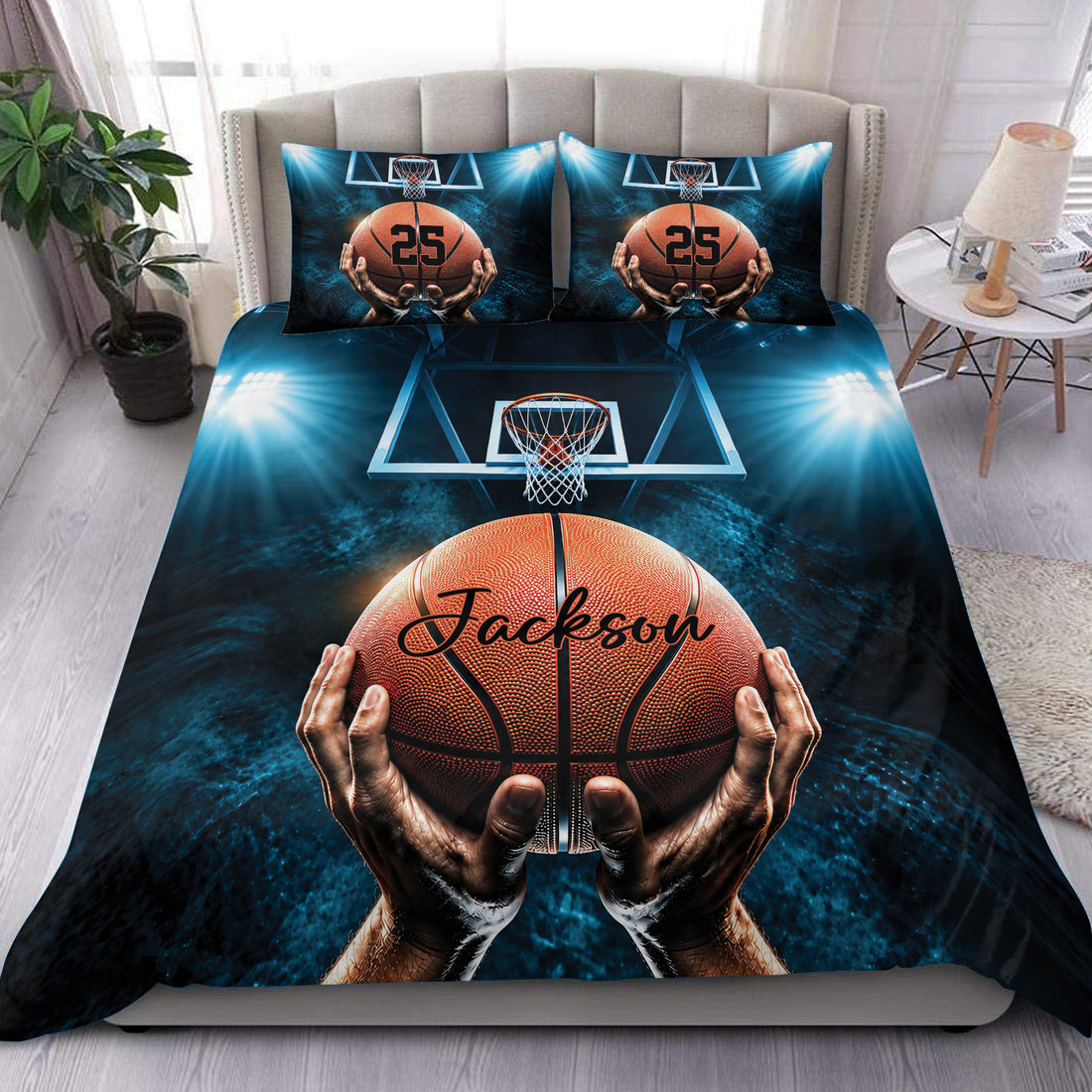 Basketball duvet cover set styled on a bed with blue court lighting, hoops, and a large orange basketball design
