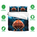 Basketball bedding set displayed with matching pillowcases and a dramatic blue basketball court artwork