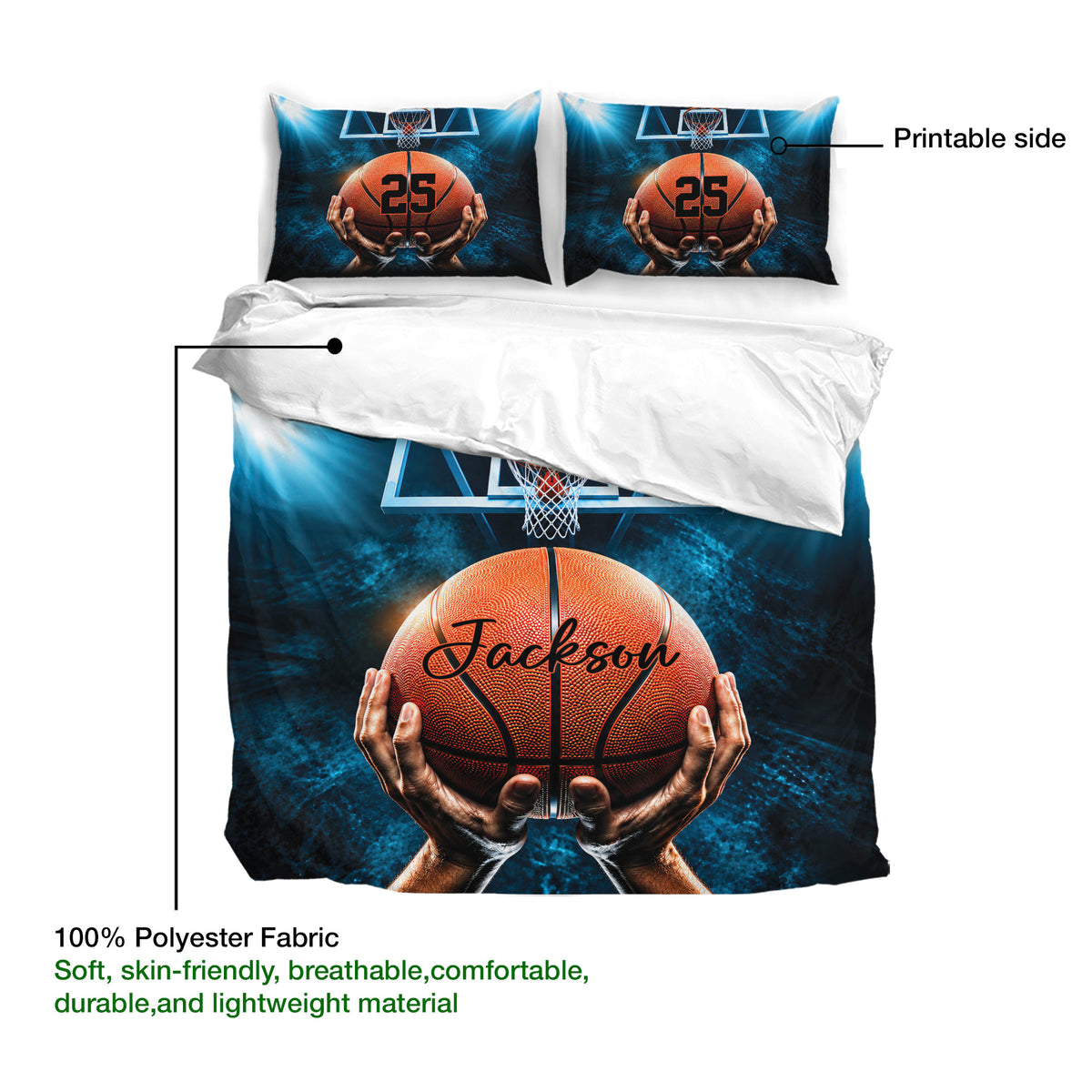 Basketball duvet cover and matching pillowcases shown with printable artwork and soft polyester fabric details