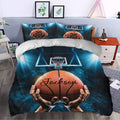 Basketball duvet cover set presented in a modern bedroom with hoops, court lights, and vivid blue decor