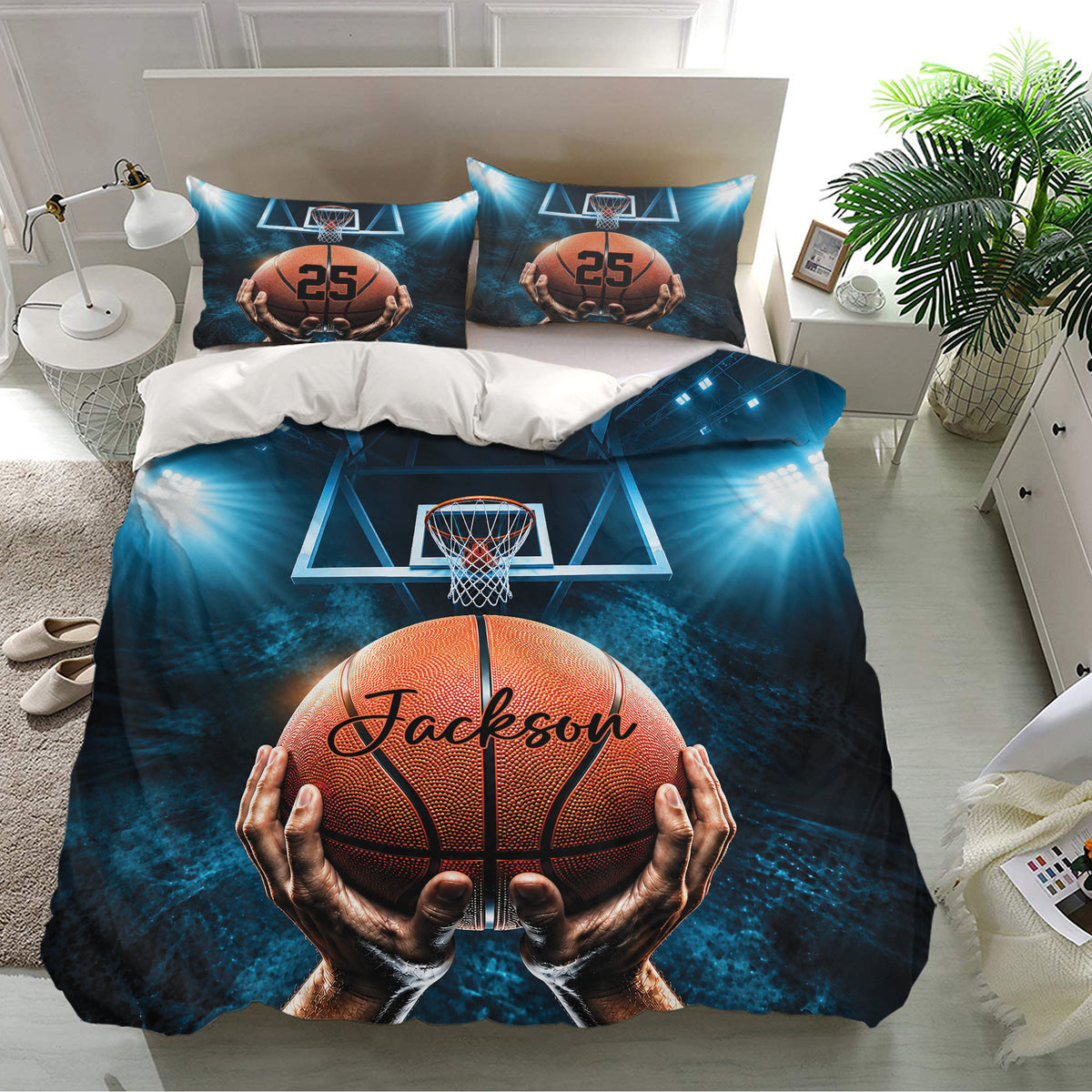 Basketball bedding set styled in a bright bedroom with matching pillowcases and an orange basketball court design