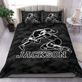 Black camouflage wrestling duvet cover set displayed on a modern bed with matching pillowcases