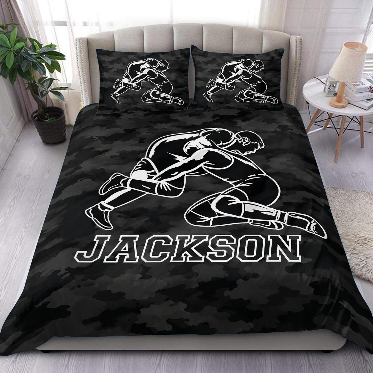 Black camouflage wrestling duvet cover set displayed on a modern bed with matching pillowcases