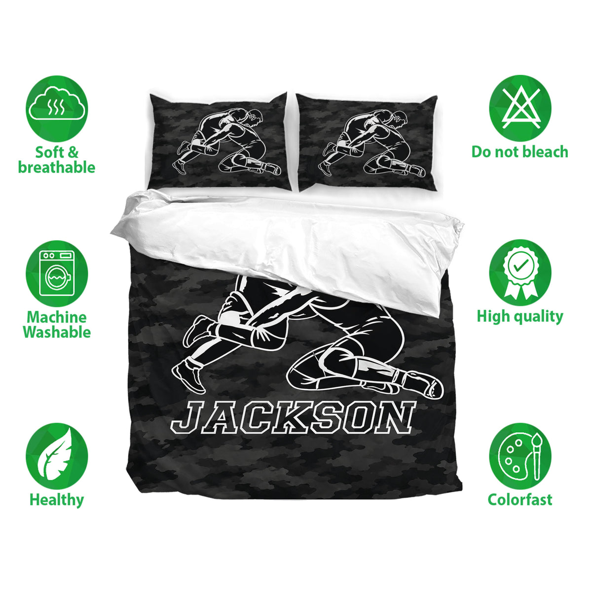 Wrestling duvet cover bedding set shown with black camouflage artwork and matching pillowcases