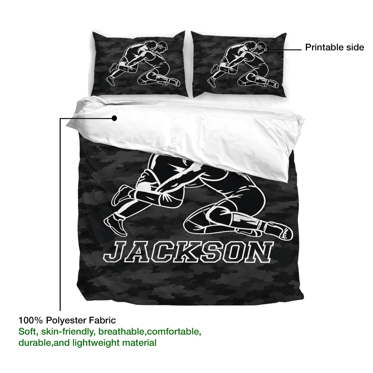 Black wrestling bedding set showing the printed duvet cover side and matching pillowcase artwork