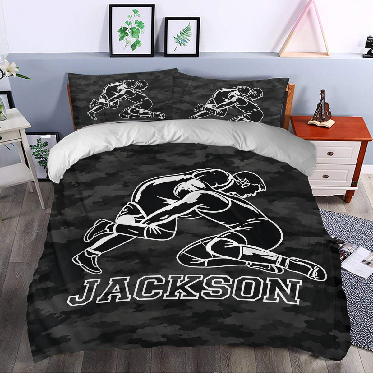 Wrestling duvet cover with bold grappling artwork styled in a contemporary bedroom