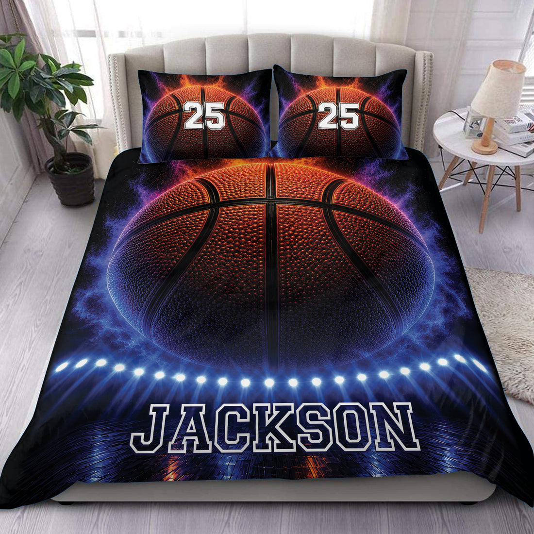 Basketball duvet cover set displayed on a bed with vivid orange, purple, blue, and black artwork