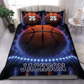 Basketball duvet cover set displayed on a bed with vivid orange, purple, blue, and black artwork