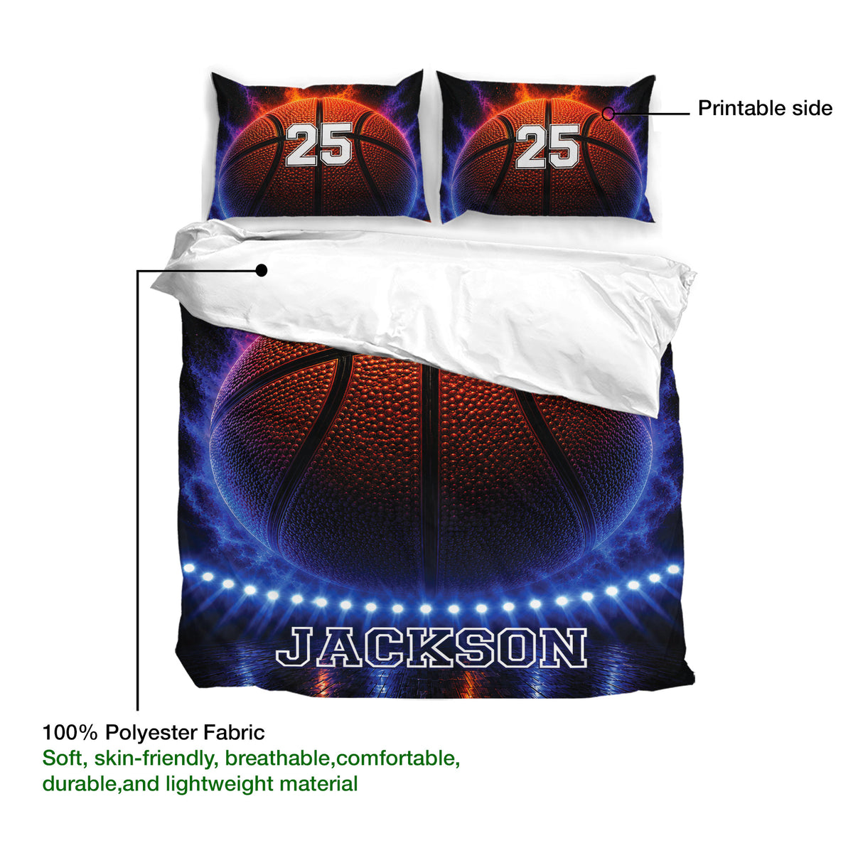 Basketball duvet cover set detail with printable surface and soft polyester fabric callout