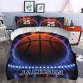 Basketball duvet cover bedding set styled in a modern bedroom with dramatic sports artwork
