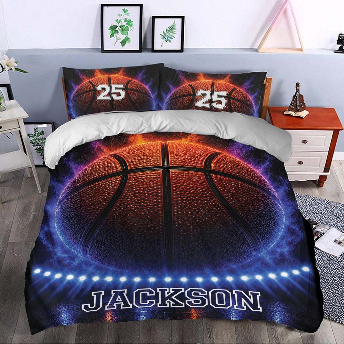 Basketball duvet cover bedding set styled in a modern bedroom with dramatic sports artwork