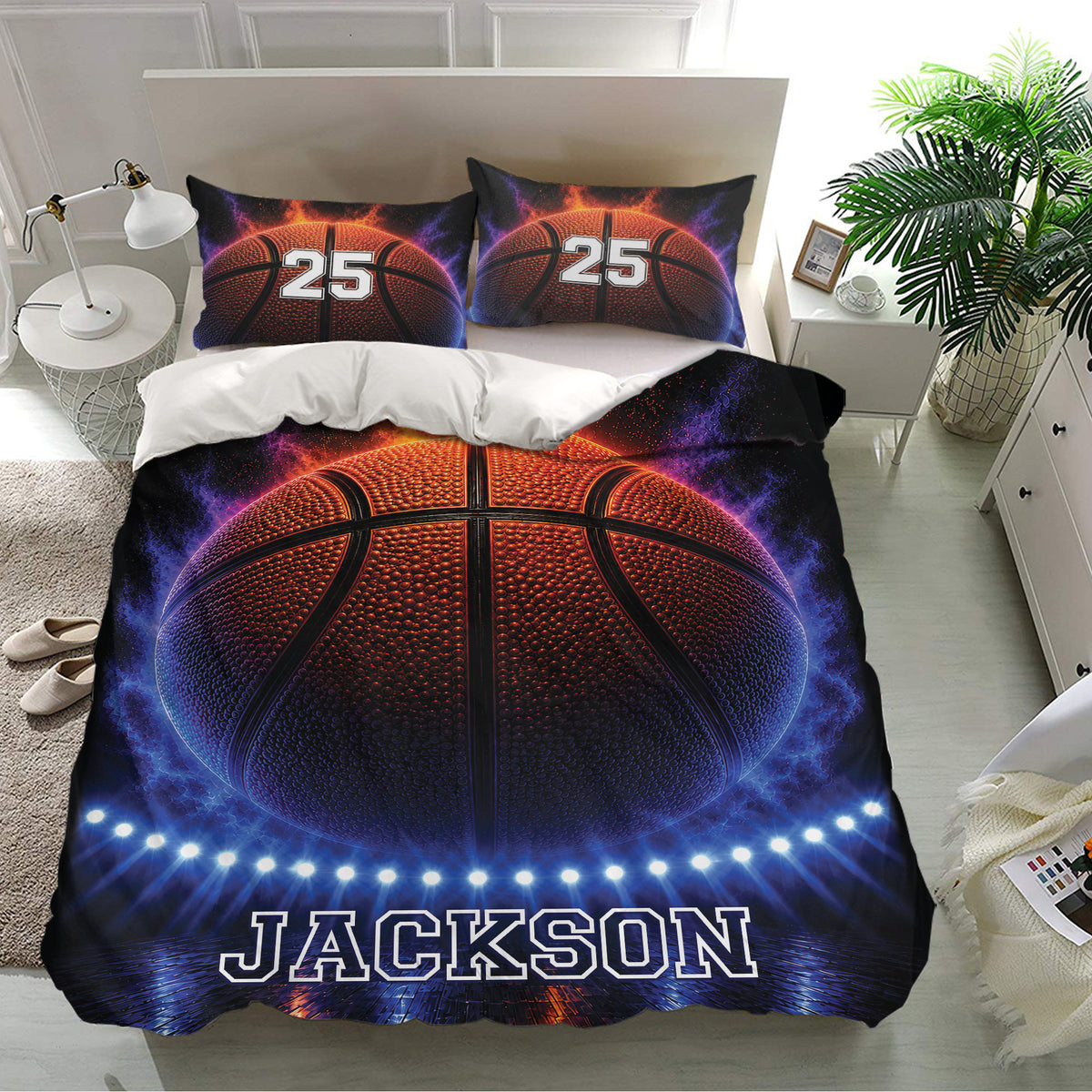 Basketball bedding set presented in a bright bedroom with bold orange and blue basketball design