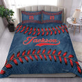 Custom baseball duvet cover set displayed on a bed with blue denim texture and red stitching details
