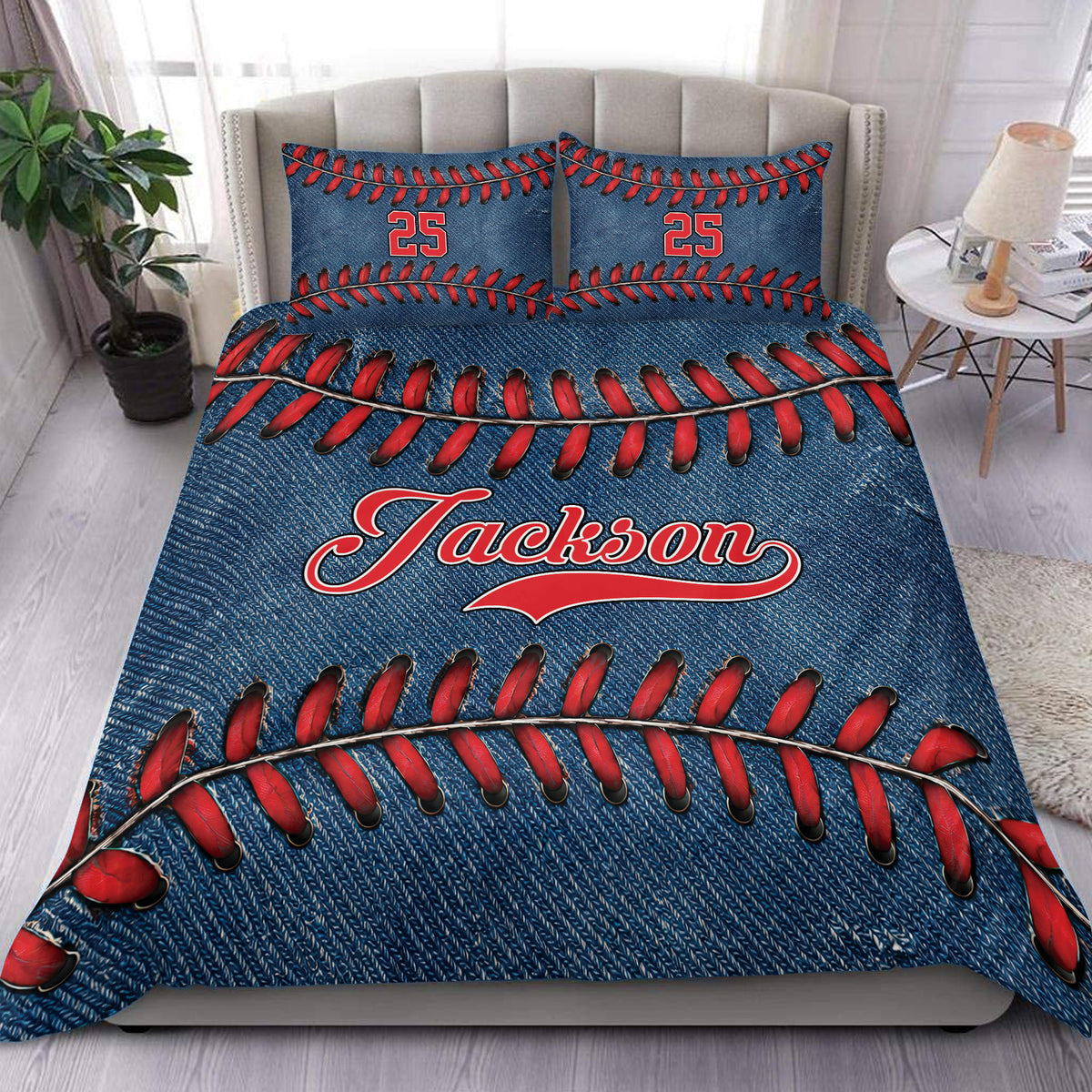 Custom baseball duvet cover set displayed on a bed with blue denim texture and red stitching details