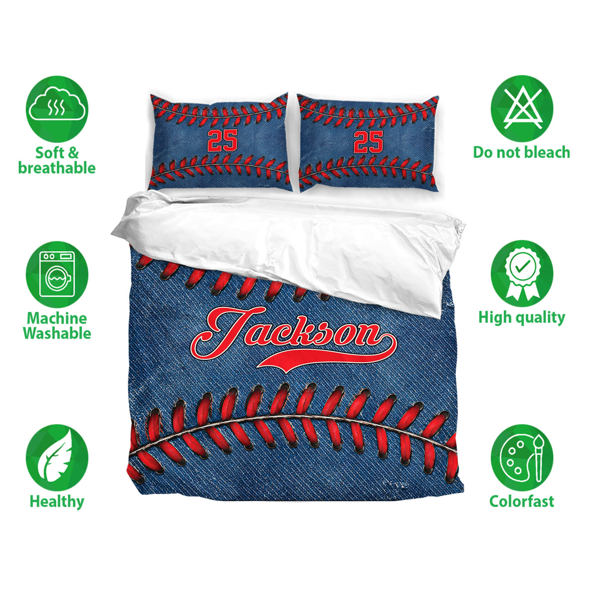 Custom baseball bedding set with blue and red stitched-ball artwork shown in a bedroom setting