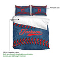 Baseball duvet cover set showing the printable blue fabric side and matching stitched-ball pillowcases