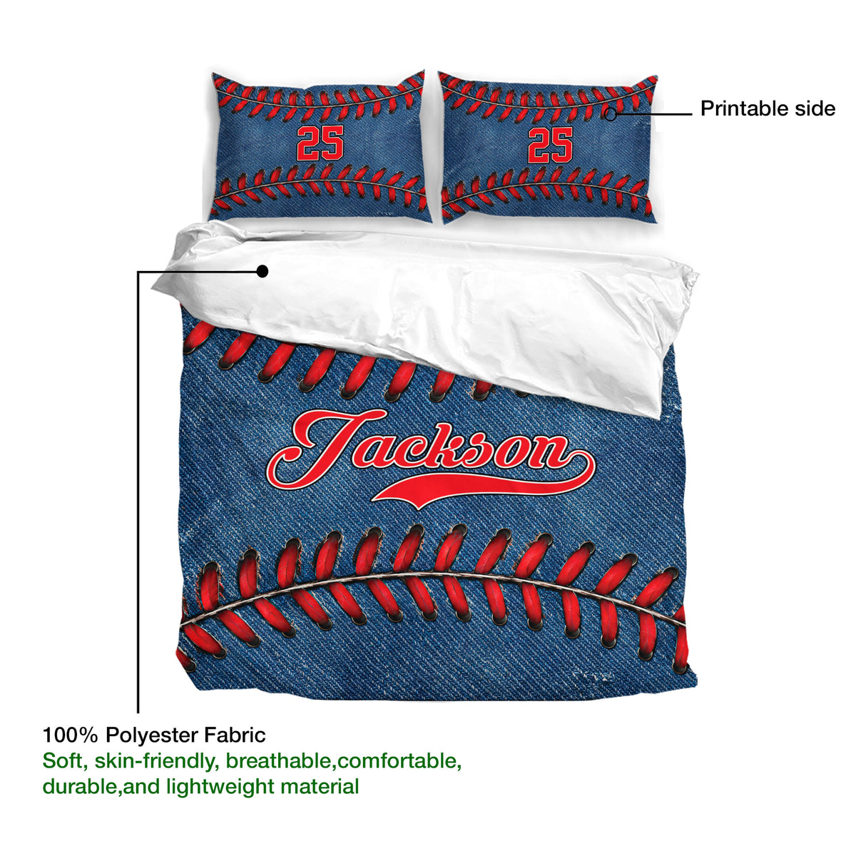 Baseball duvet cover set showing the printable blue fabric side and matching stitched-ball pillowcases