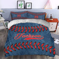 Blue and red baseball duvet cover bedding set styled in a modern bedroom with matching pillowcases
