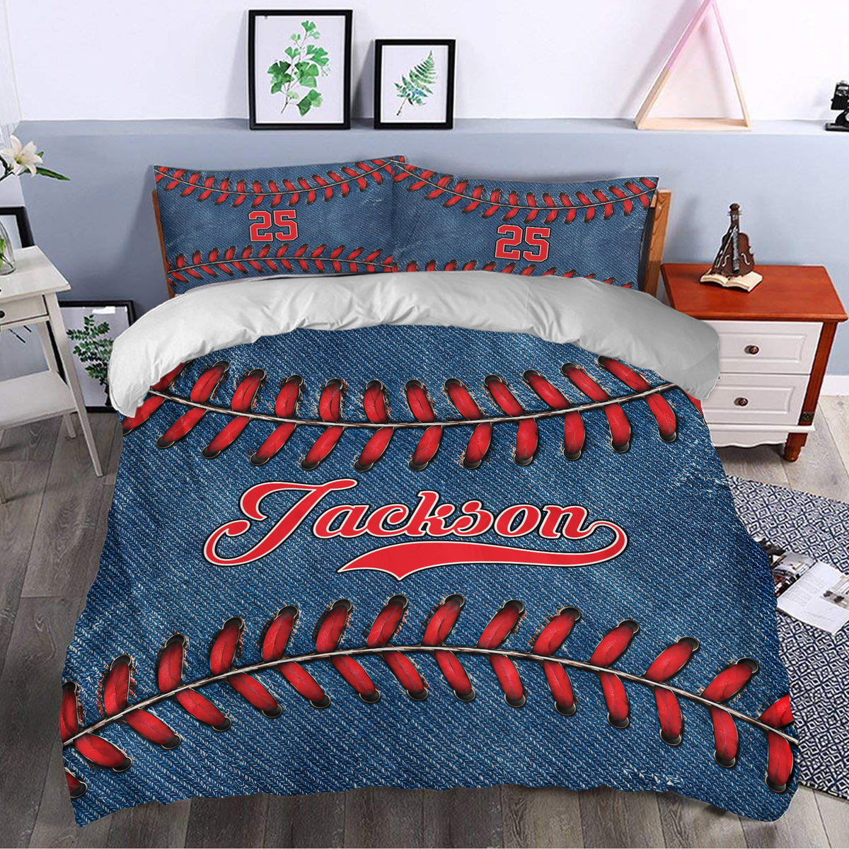 Blue and red baseball duvet cover bedding set styled in a modern bedroom with matching pillowcases